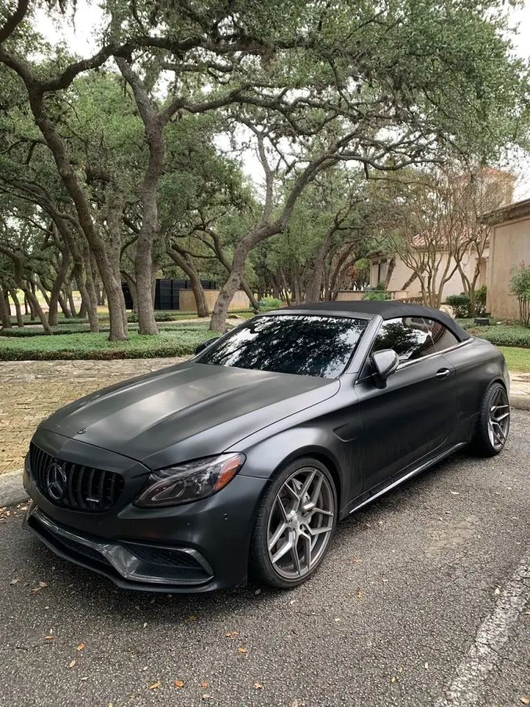 Satin black Mercedes C63 convertible