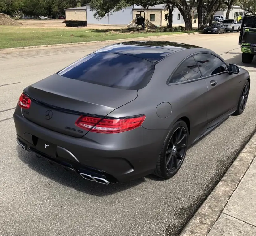 Matte finished Mercedes S63 coupe with ceramic tinted glass, rear three quarter view